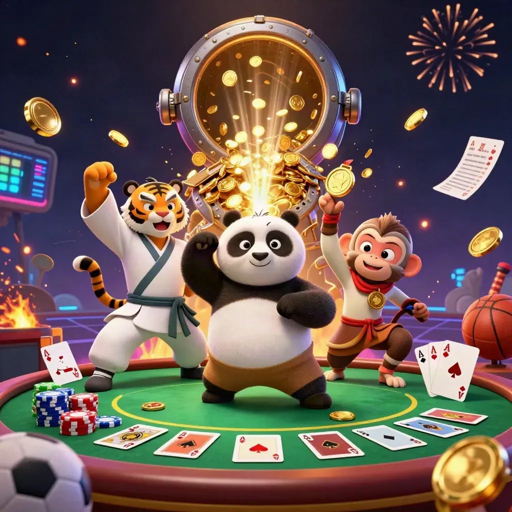Tiger, panda, and monkey celebrate amid casino chips, coins, sports balls, and fireworks.