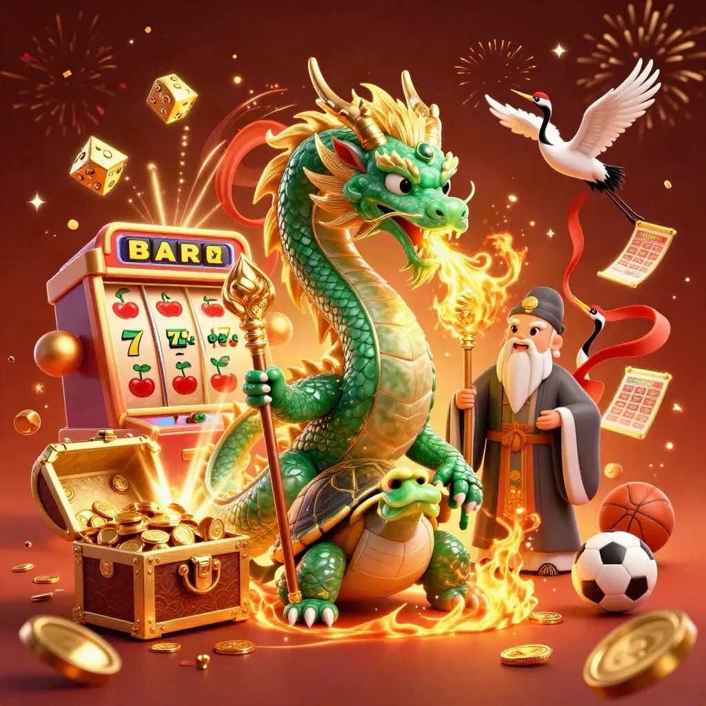 Emerald dragon, jade turtle sage, cranes, jackpot coins, slot burst, fireworks, sports icons