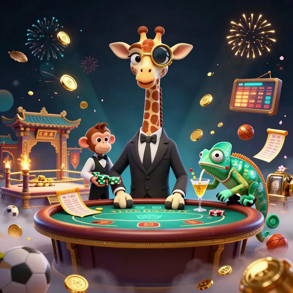 Suit-clad giraffe, monkey valet, and chameleon bartender amid casino gold bursts and neon glow.