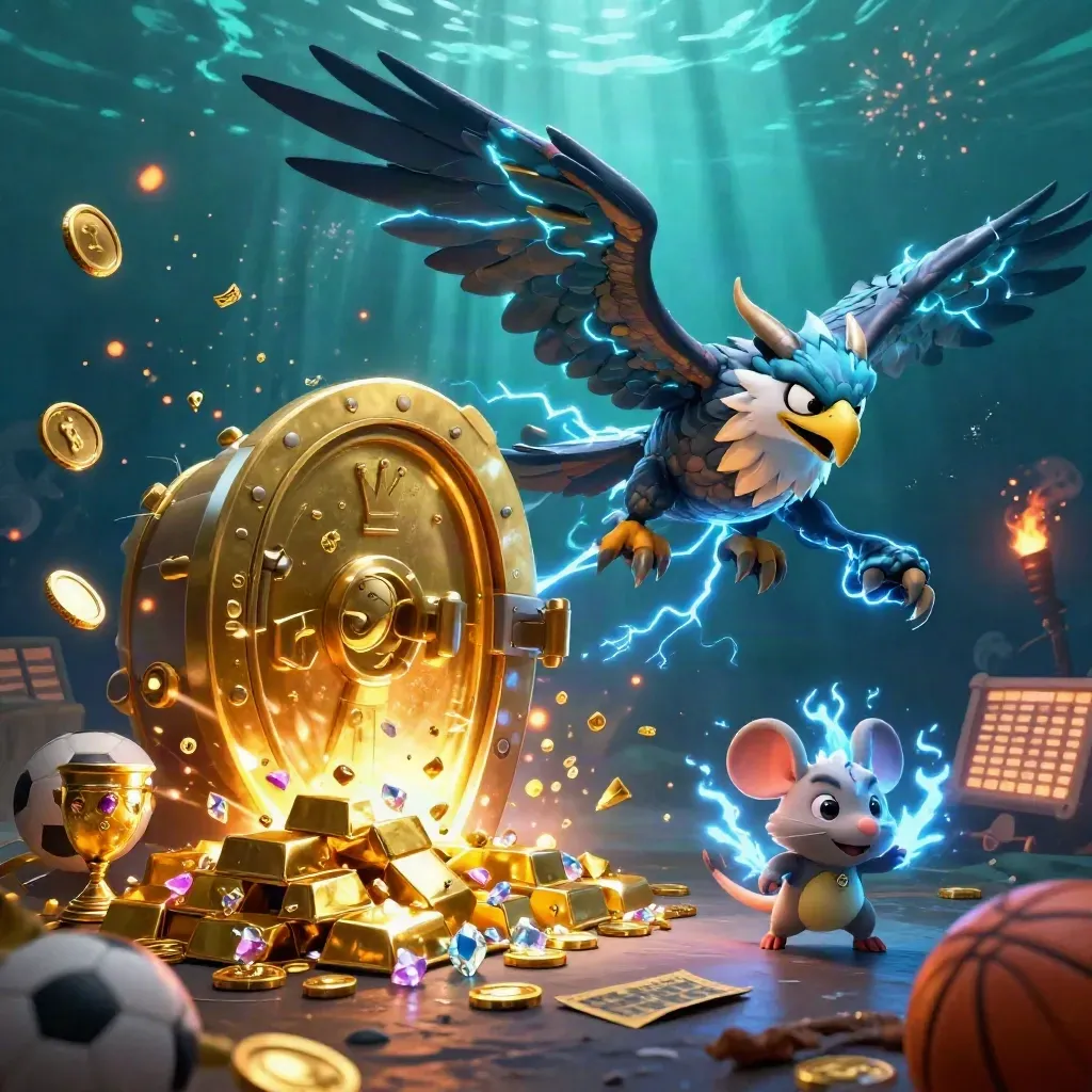 Thunder dragon, wind hawk, and thunder-mouse burst from an open vault with gold and sports props.