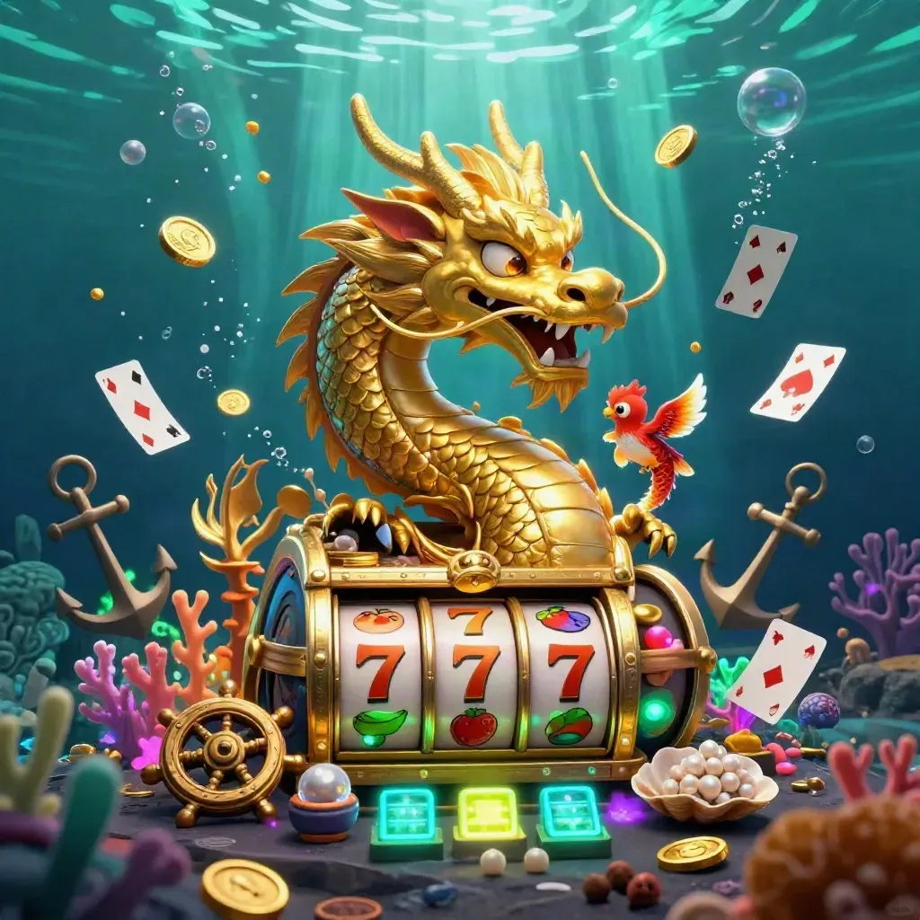 Golden dragon, phoenix and koi around treasure chest in glowing underwater casino scene