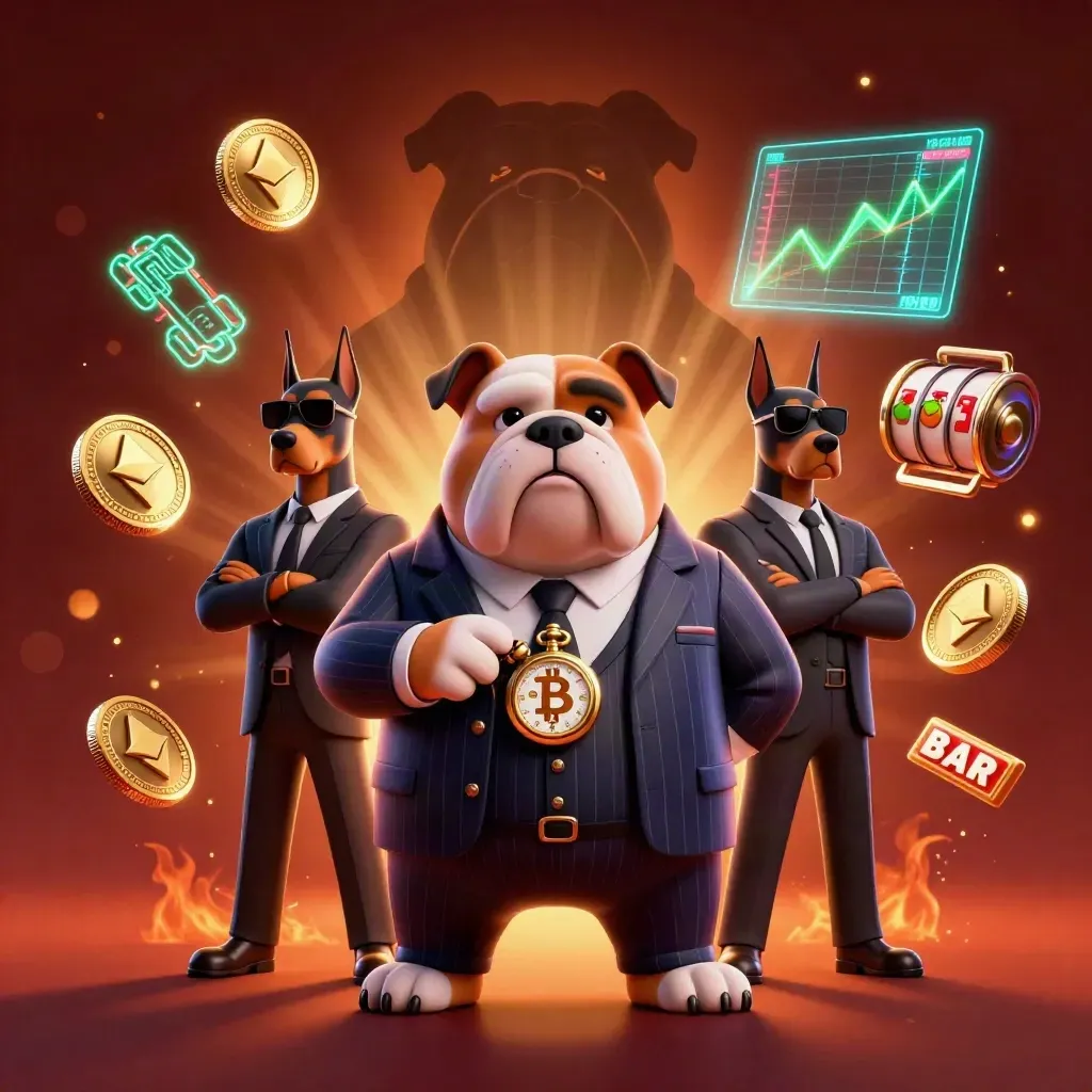 Mob bulldog and Dobermans amid glowing crypto coins, slots, and jackpot sparks