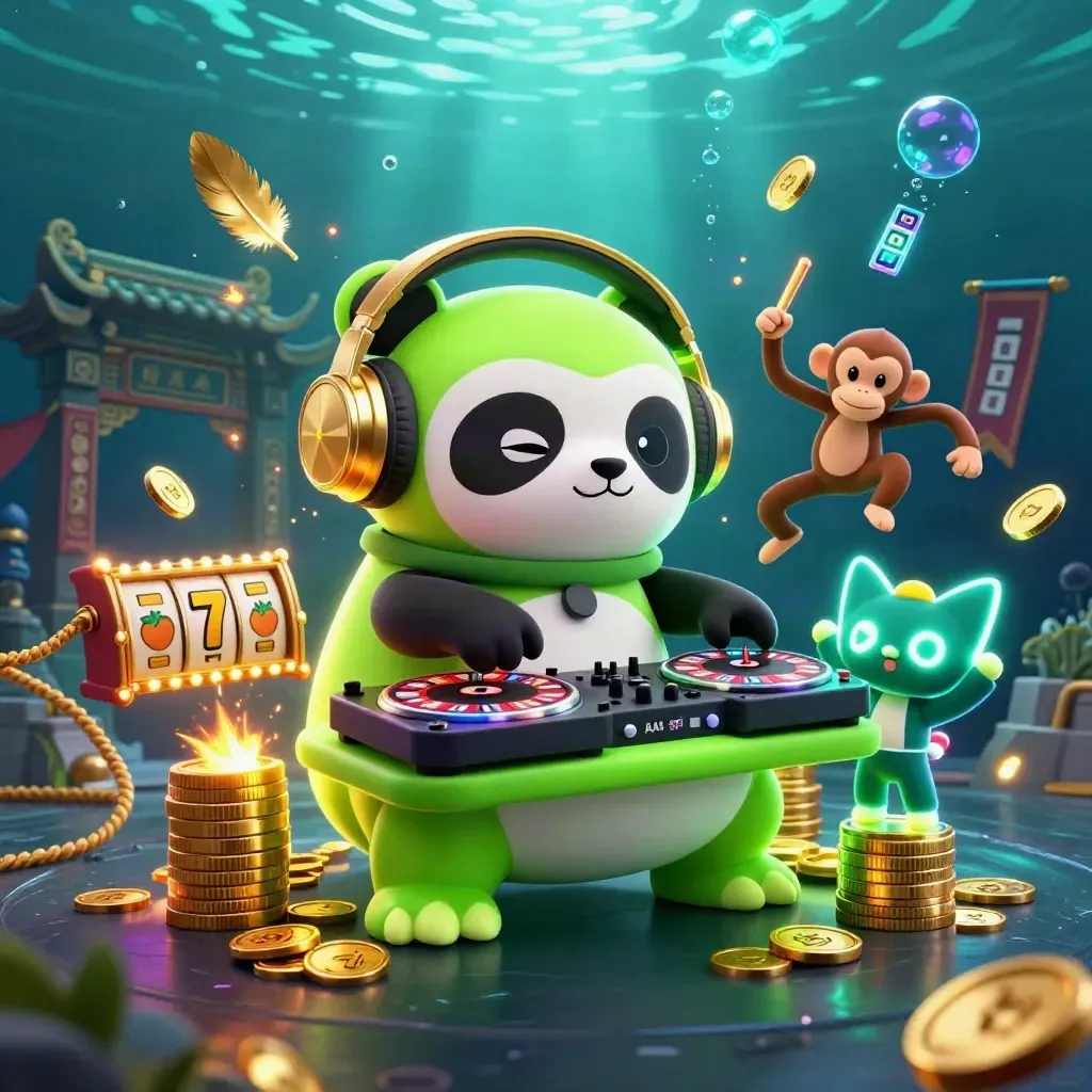Neon-green turbo toad idol with panda DJ, dancing monkey, and glow-stick kitten in casino rave scene