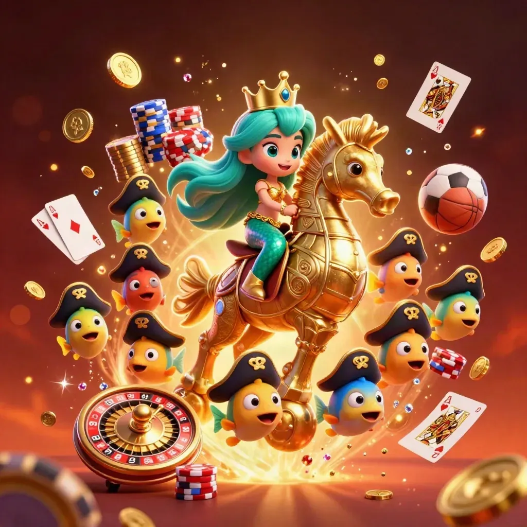 Mermaid princess on golden seahorse amid coins, chips, roulette, cards, and sports props in neon casino glow.
