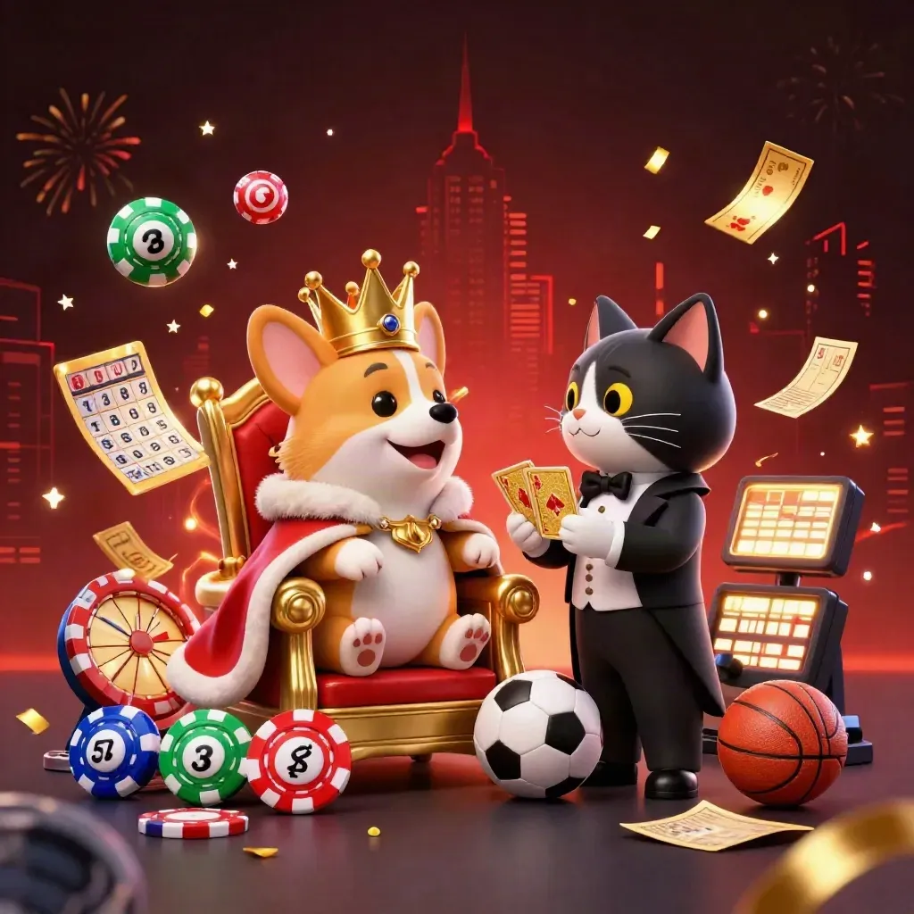 Royal corgi and cat butler amid casino rewards, lottery balls, fireworks, and neon glow.