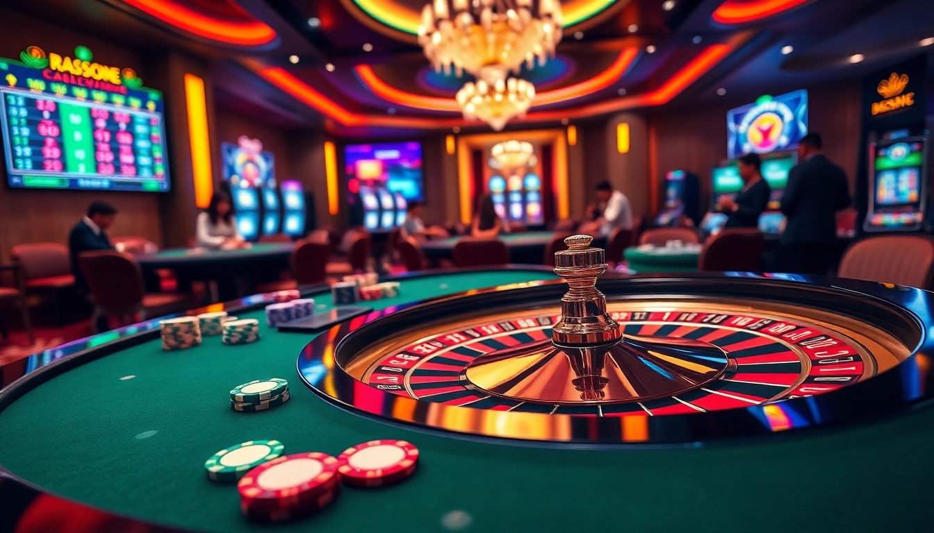 Engaging casino scene showcasing nhà cái xx88 with players at a roulette table and vibrant poker chips.