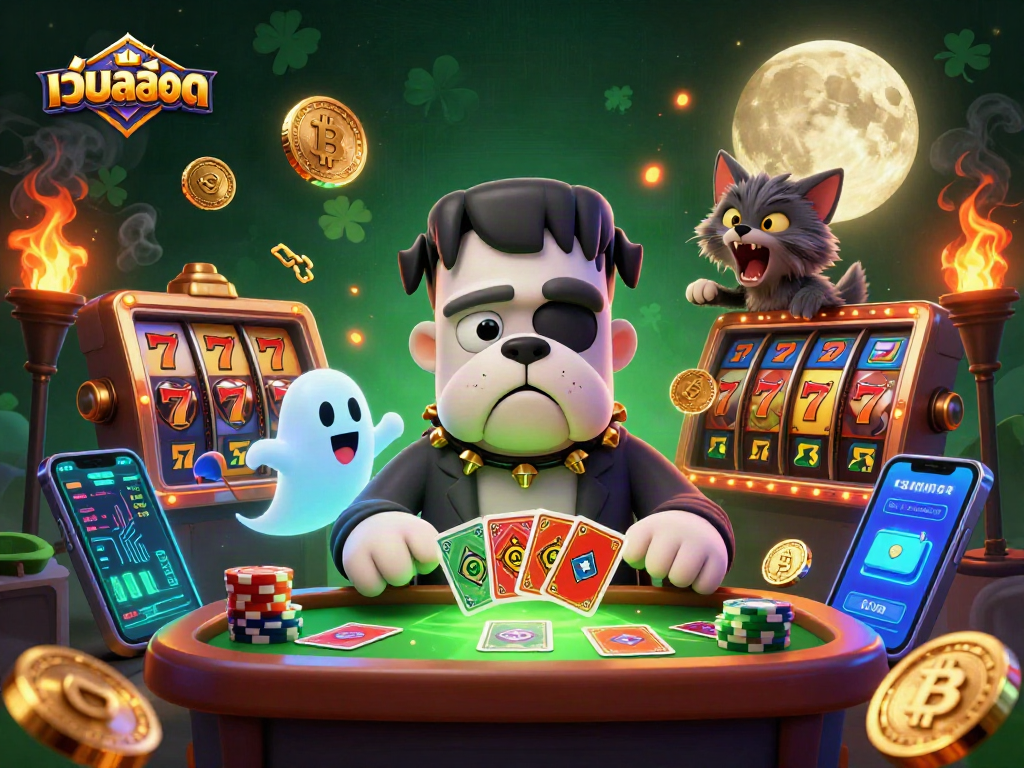 Engage in เว็บสล็อต with a lively scene of a Frankenstein bulldog dealing cards and unique crypto elements