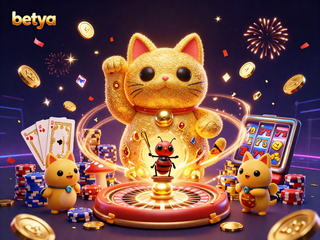 Experience the excitement of betya with gaming symbols and animated lucky cat in vibrant 3D art.