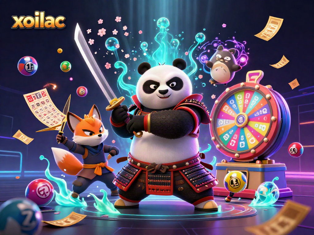 Xoilac một hình ảnh hấp dẫn của trò chơi xổ số với những quả cầu nhiều màu sắc và nhân vật 3D sống động.