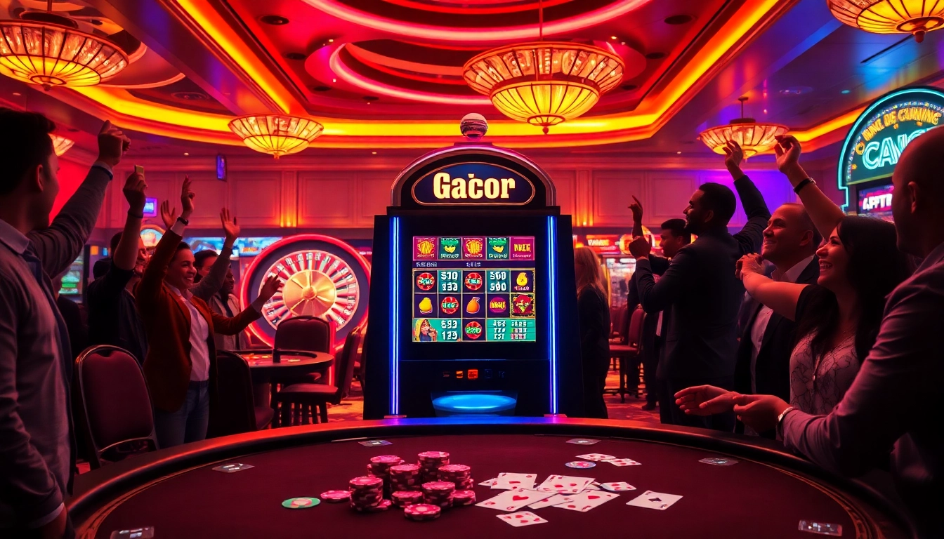 Players enjoy thrilling wins on the Slot Gacor machine in a vibrant casino atmosphere.