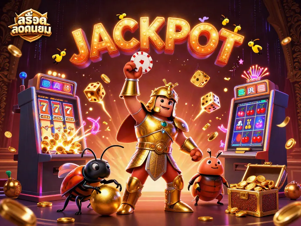 Exciting scene of a 3D cartoon hercules beetle celebrating a jackpot in a casino, showcasing สล็อตยอดนิยม