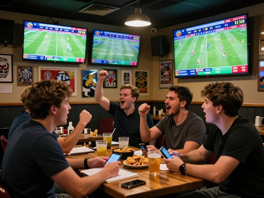 Fans watching live tỷ lệ kèo bóng đá updates in a lively sports bar.