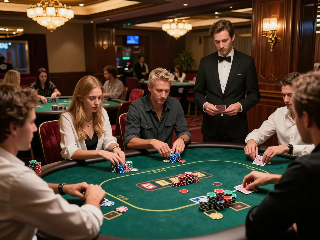 Players enjoying an engaging poker game at 388bet's luxurious casino, showcasing strategic decision-making and vibrant atmosphere.