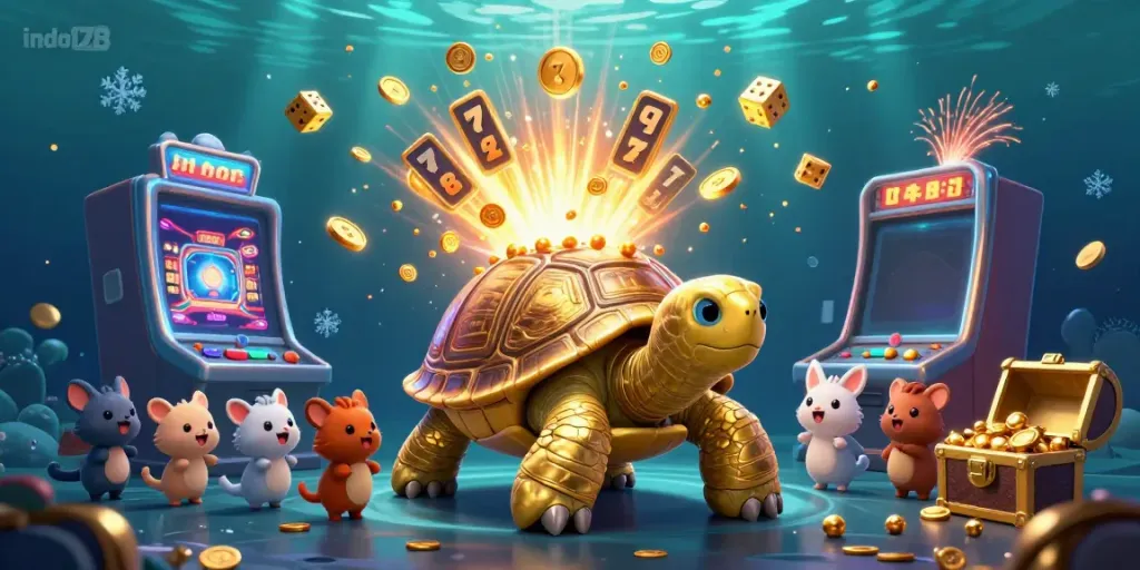 Engage in the Flashtival celebration at indo178, featuring a golden tortoise pinball machine and jackpot excitement.