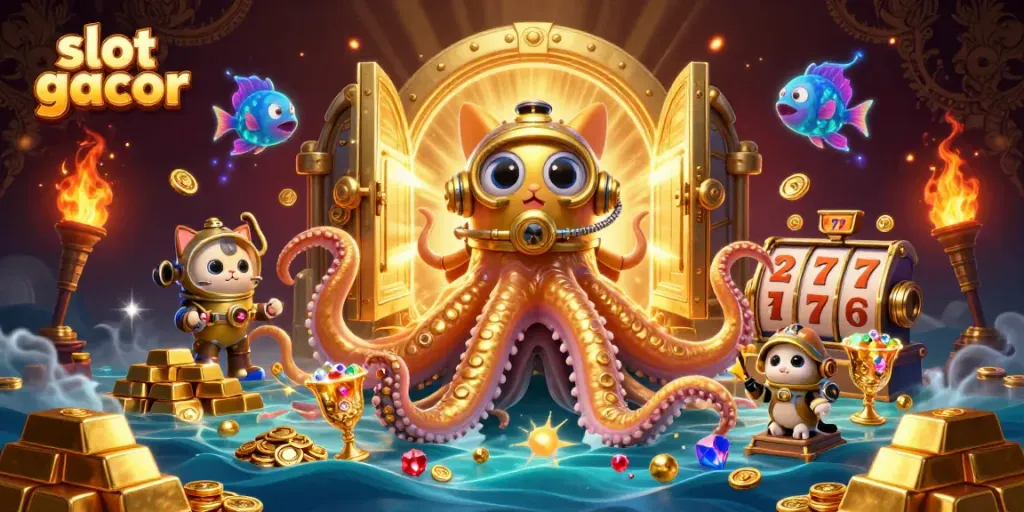 Menangkan slot gacor dengan kraken dan kucing penyelam di lautan harta karun.