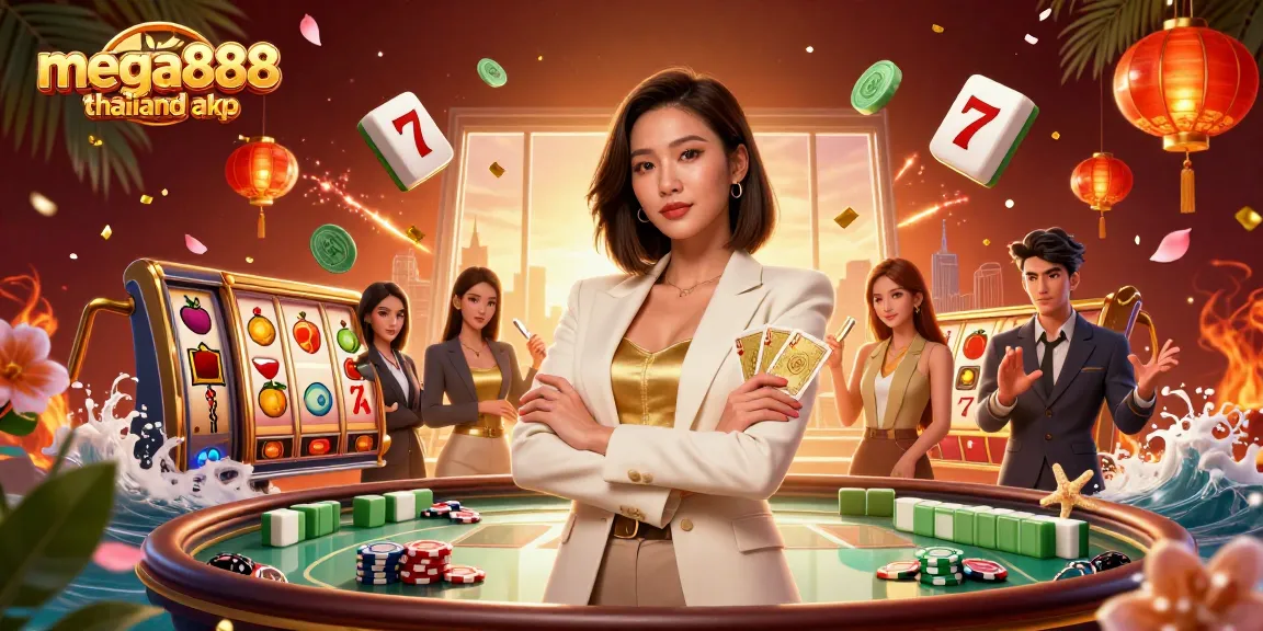 Mega888 Thailand APK with a professional Asian woman in a glamorous setting playing her cards at a casino.