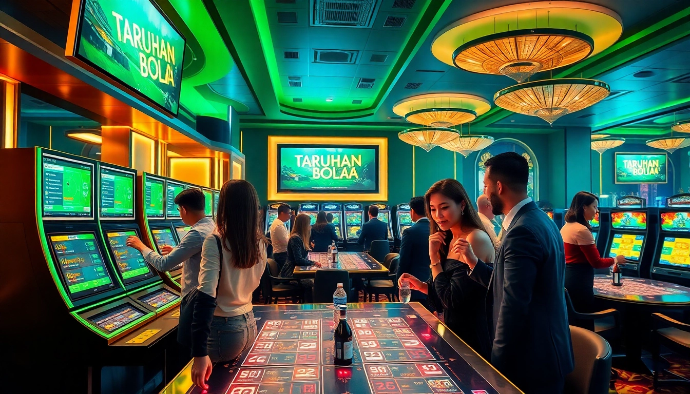 Excited bettors engaged in Taruhan Bola activities in a luxurious casino setting, showcasing betting excitement and interaction.