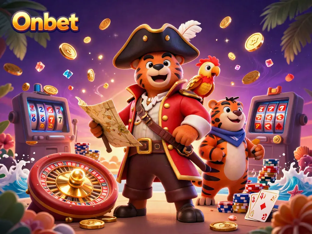 Engage in Onbet's thrilling casino experience with a pirate bear, tiger first mate, and treasure map.