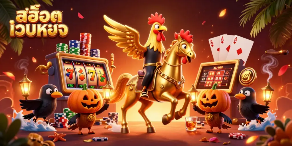 Engage with the thrilling gameplay at สล็อตเว็บตรง featuring a golden rooster in a lavish casino setting.