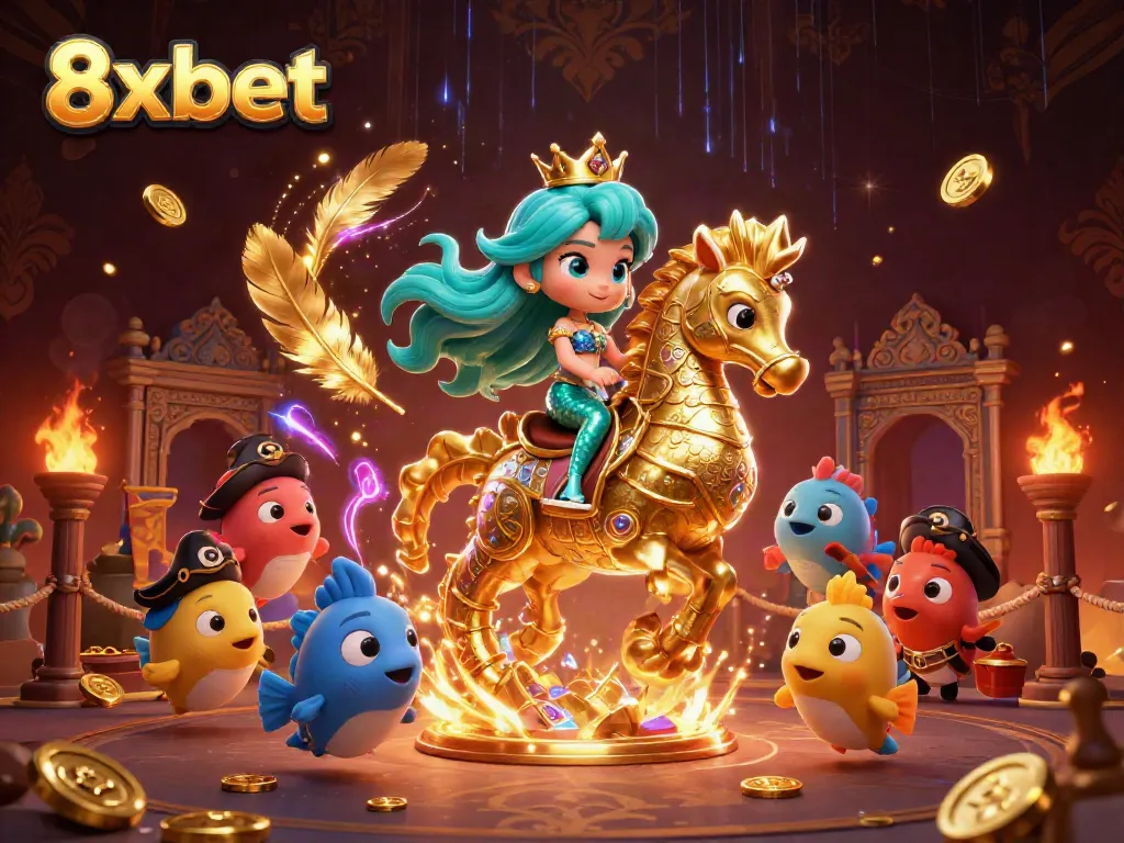 Experience the thrill of the 8xbet adventure with a mermaid princess and seahorse in a vibrant casino scene.