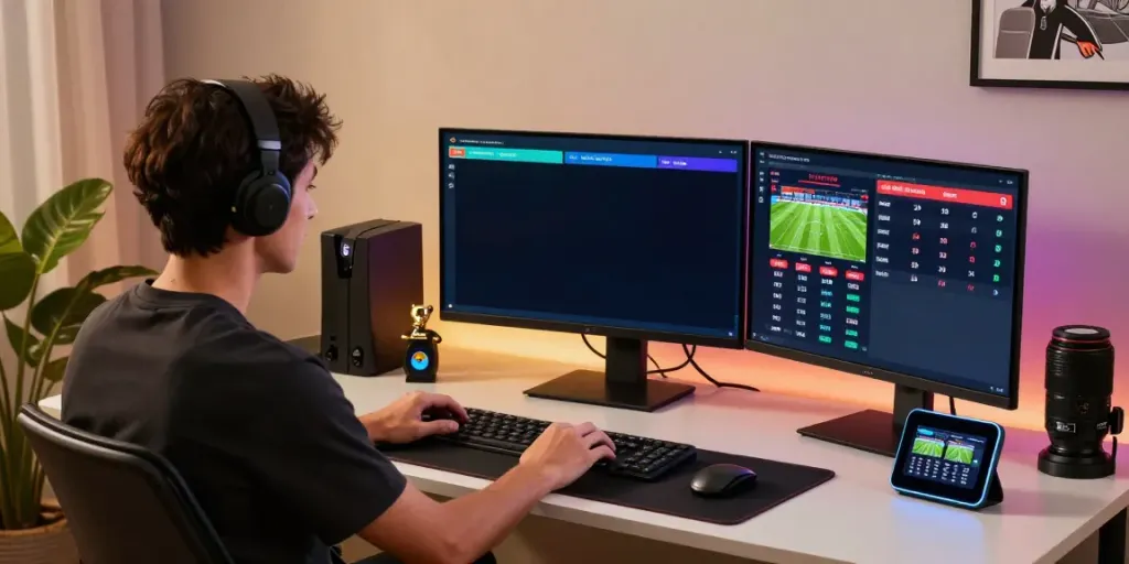 Engaged player at their desk using https://xx88.day/ for online sports betting surrounded by screens displaying game statistics.
