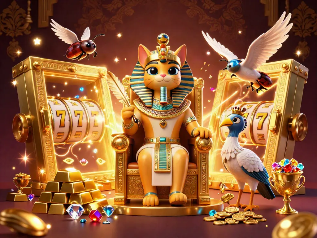 Slot gacor dengan kucing firaun 3D yang duduk di atas takhta emas dikelilingi oleh simbol permainan kasino.