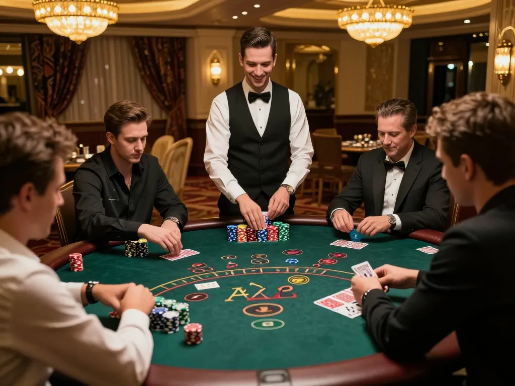 Active blackjack scene at bem88l casino, showcasing players focused on the dealer, vibrant chips, and luxurious ambiance.
