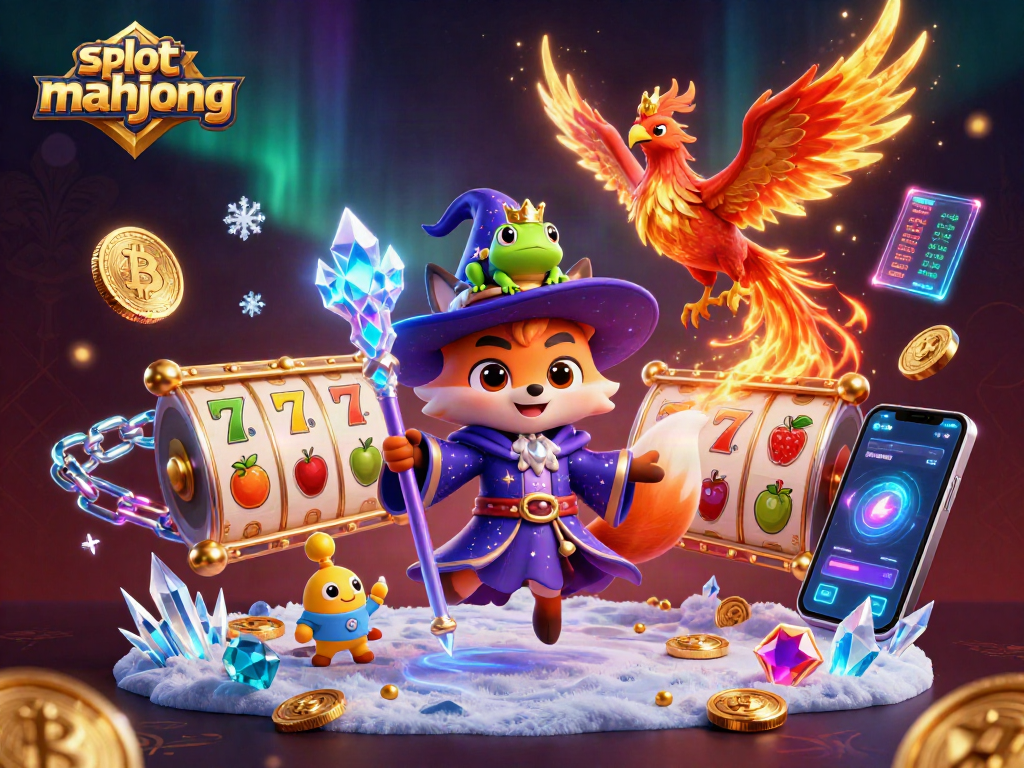 Engage in slot mahjong with a mystical wizard fox and phoenix, amidst vibrant gaming symbols.