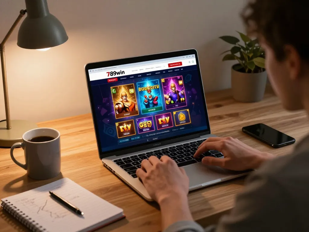Player engaging in 789win online gambling session at home, analyzing strategy notes.