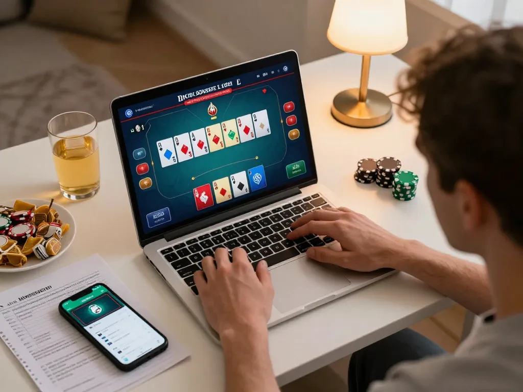 Engaged player strategizing for betmen138 online poker game in a cozy home setup