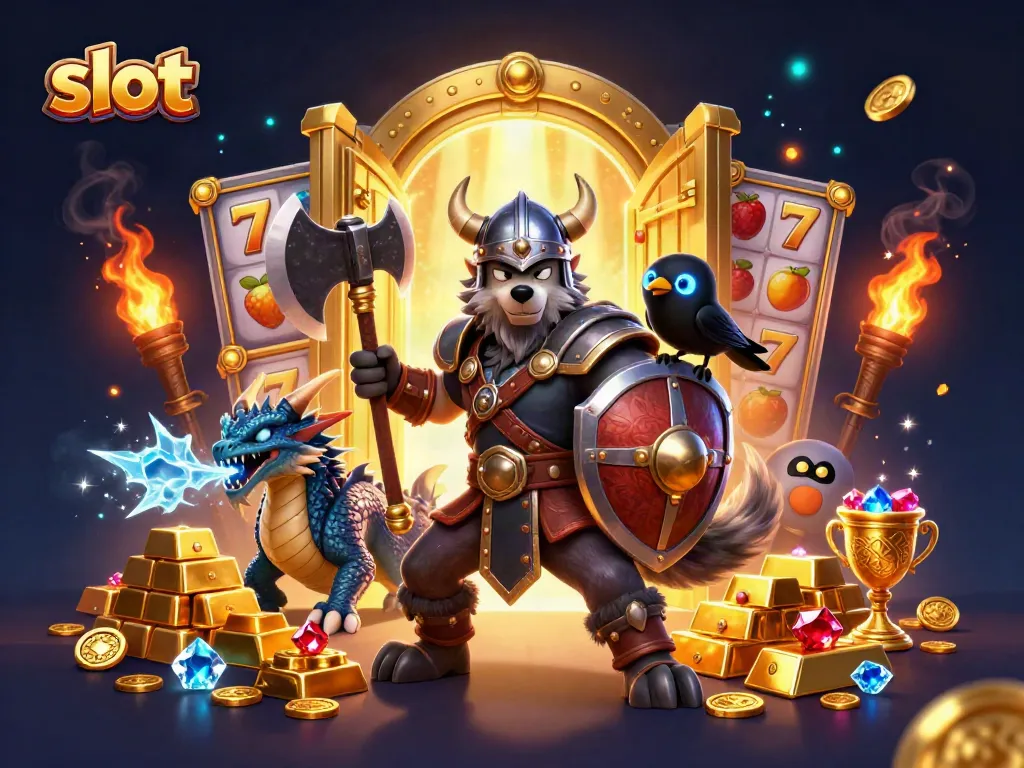 Engaging slot gaming scene featuring a Viking wolf warrior, dragon, and lively treasures bursting out