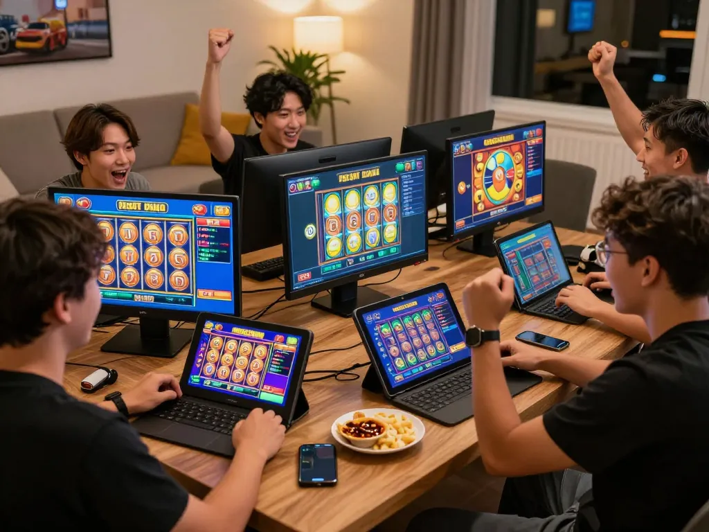 Pemain menikmati permainan slot PG Soft Demo di pengaturan permainan rumah yang cerah, menunjukkan kegembiraan dan kesenangan.