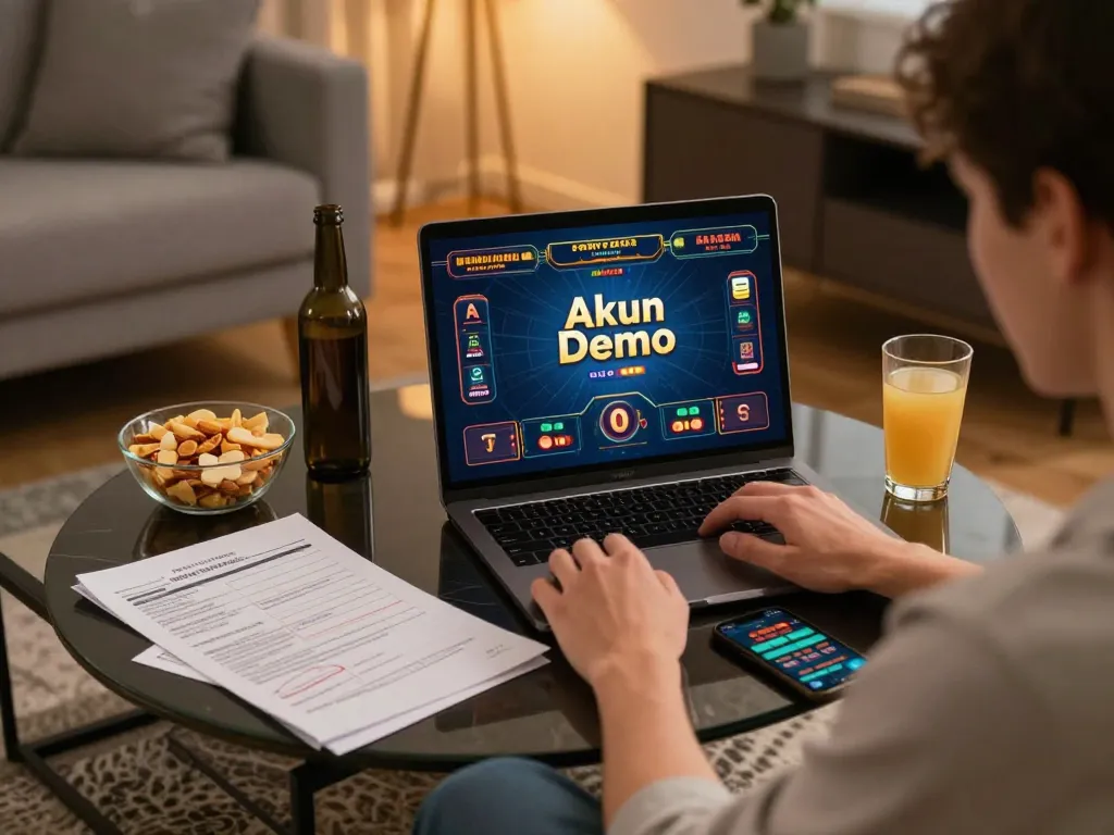 A person engages with Akun Demo on a laptop in a cozy home setting, blending relaxed gaming with strategic play.