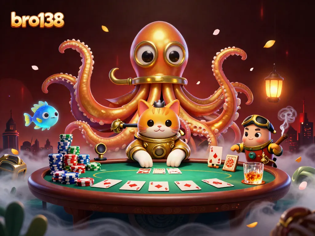 Experience thrilling moments with bro138 at a vividly illustrated casino scene featuring a kraken and poker elements.