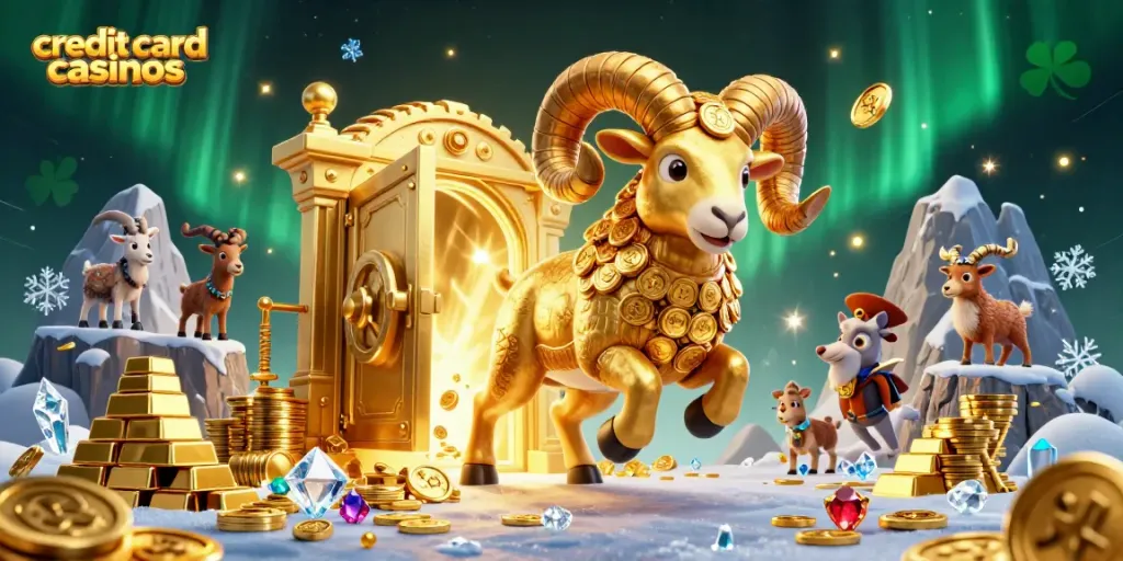 Experience the thrill of credit card casinos with a golden ram charging through a treasure vault.