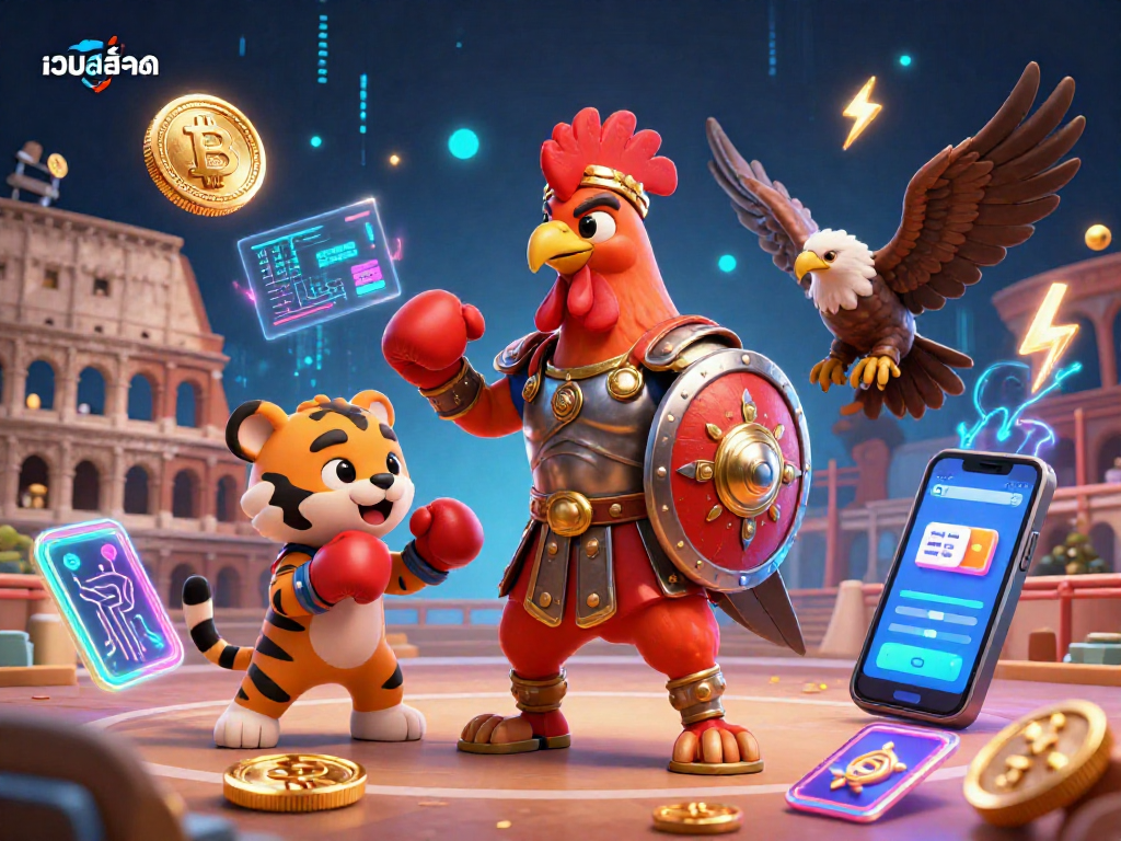 Engage with เว็บสล็อต's thrilling adventures in gaming as a gladiator rooster battles alongside a tiger cub in a vibrant colosseum arena.