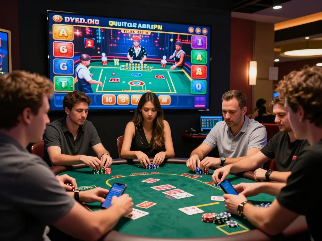 Lucky win scene with diverse players engaging in an exciting online casino game.