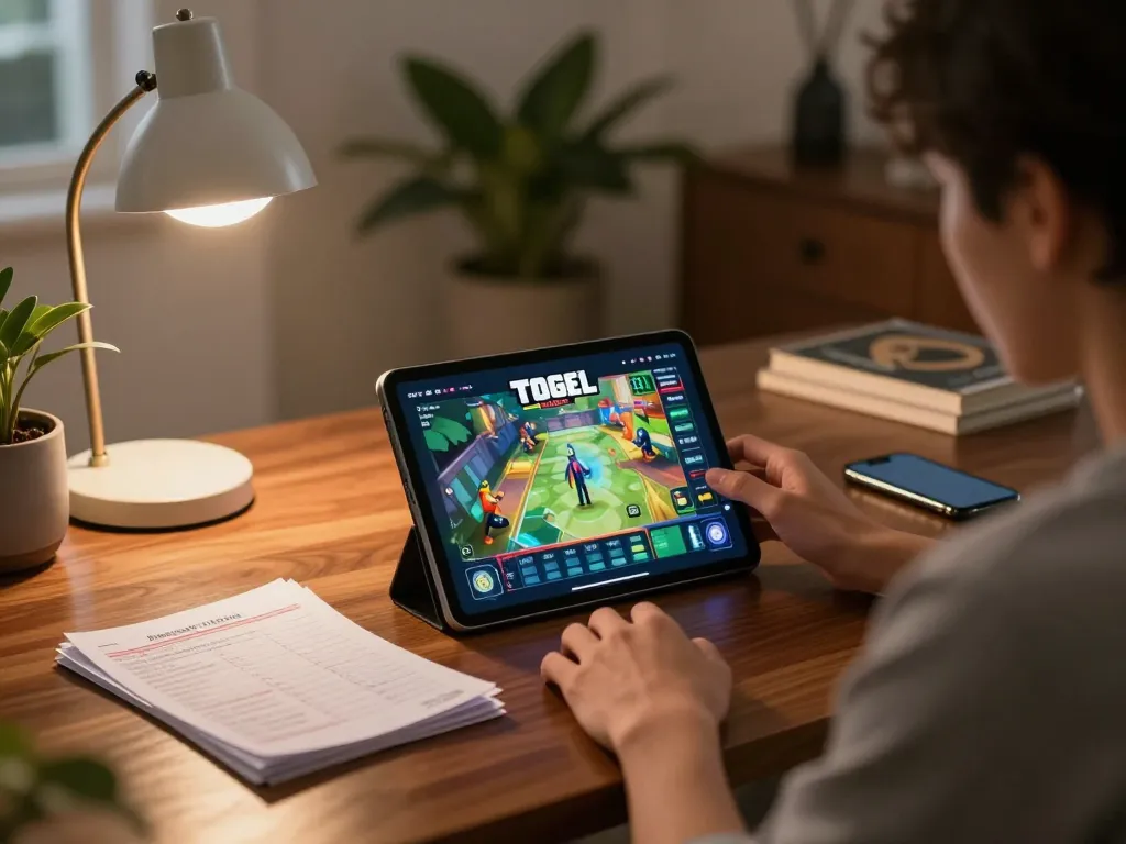 Engaging in GTA Togel online gaming with strategic betting notes at a cozy home setup