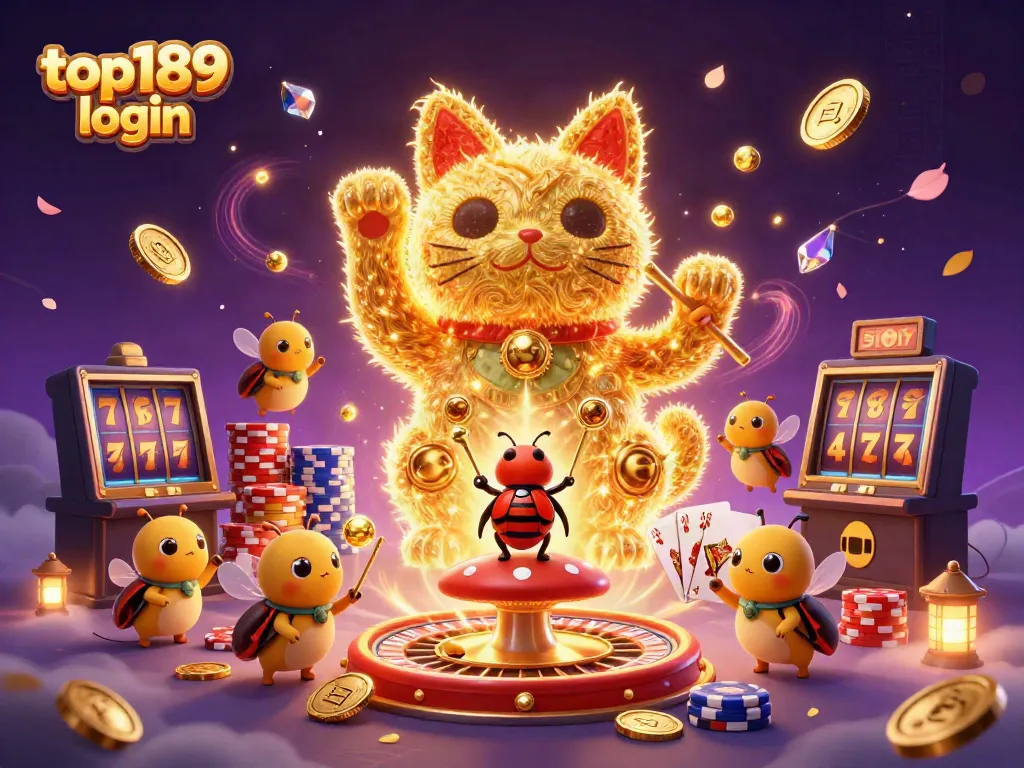 Experience top189 login with a vibrant lucky cat made of fireflies and casino symbols.