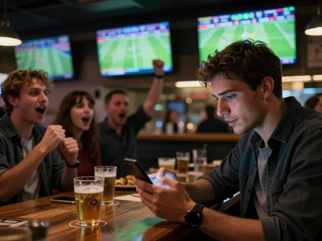 Tỷ Lệ Kèo La Liga displayed on a smartphone during an intense sports betting session in a lively sports bar.