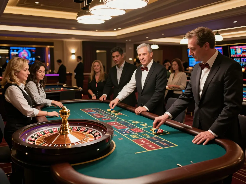 Players engage at SC88 roulette table, excitement radiating with croupier spinning the wheel, vibrant atmosphere