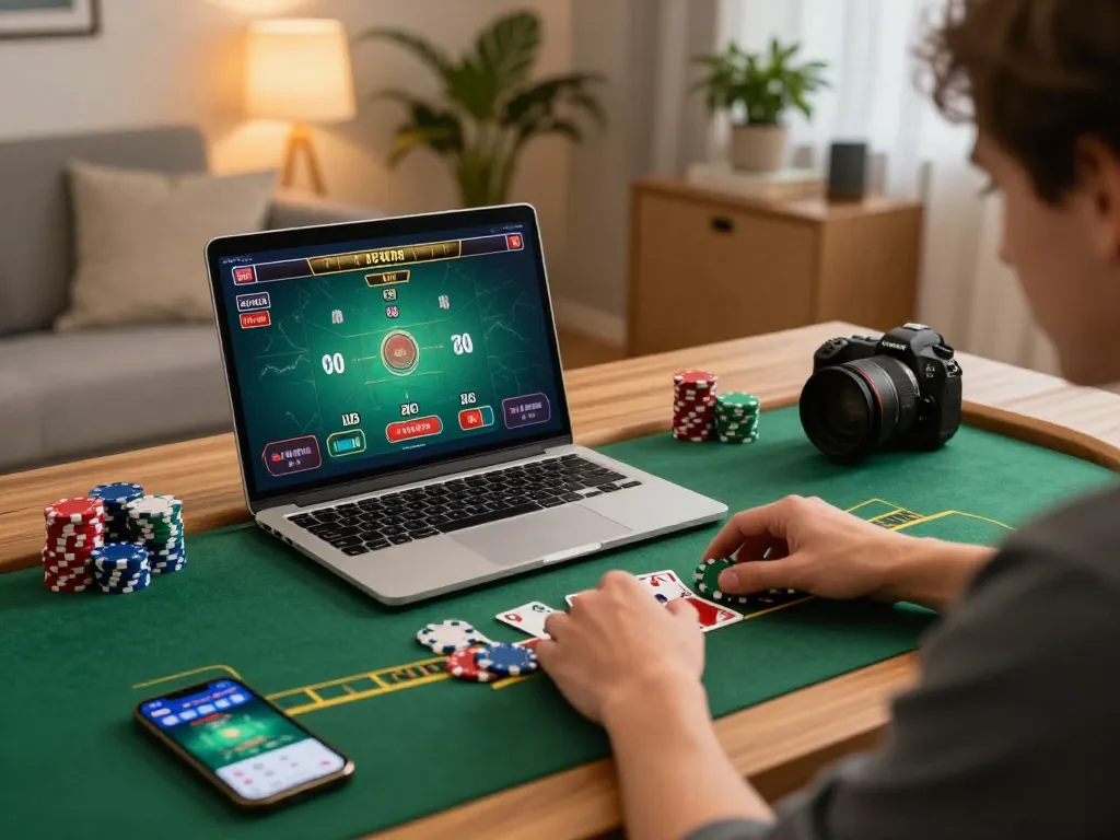 Person enjoying 789f nhà cái gaming with live dealer blackjack on a laptop at home