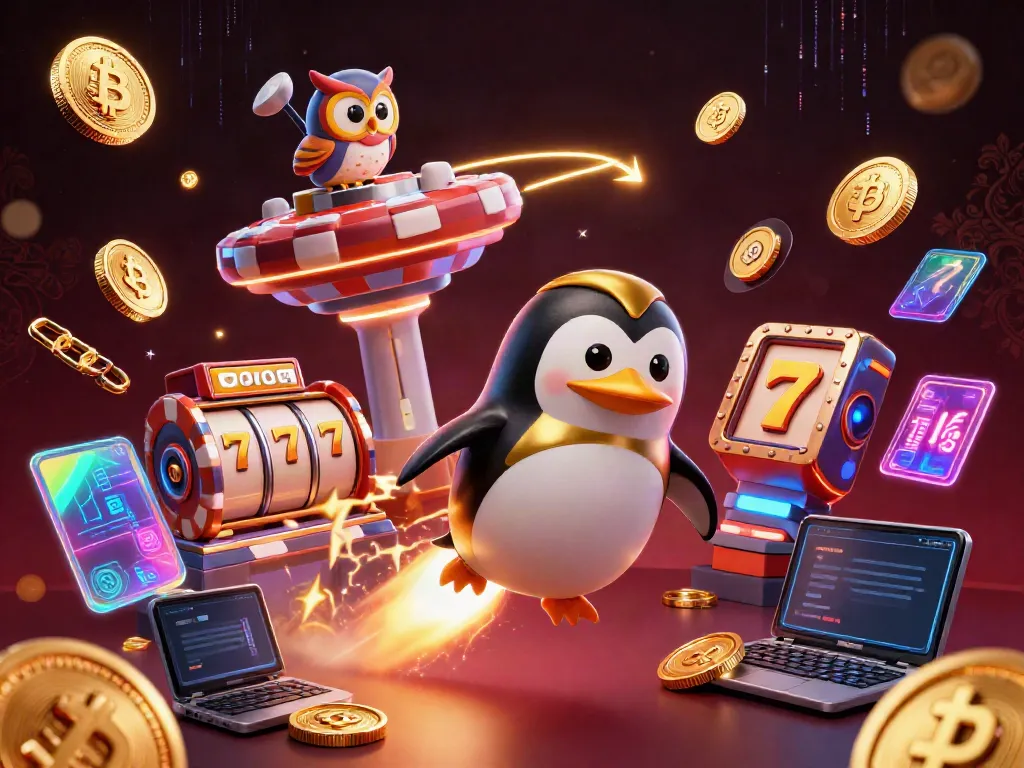 Slot mesin dengan penguin emas yang meluncur penuh koin, menciptakan pengalaman kasino yang megah.