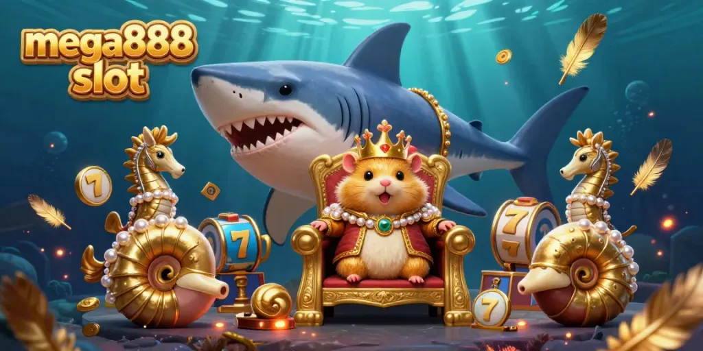 Experience the thrill of mega888 slot in this vibrant 3D illustration showcasing a hamster king surrounded by casino elements.
