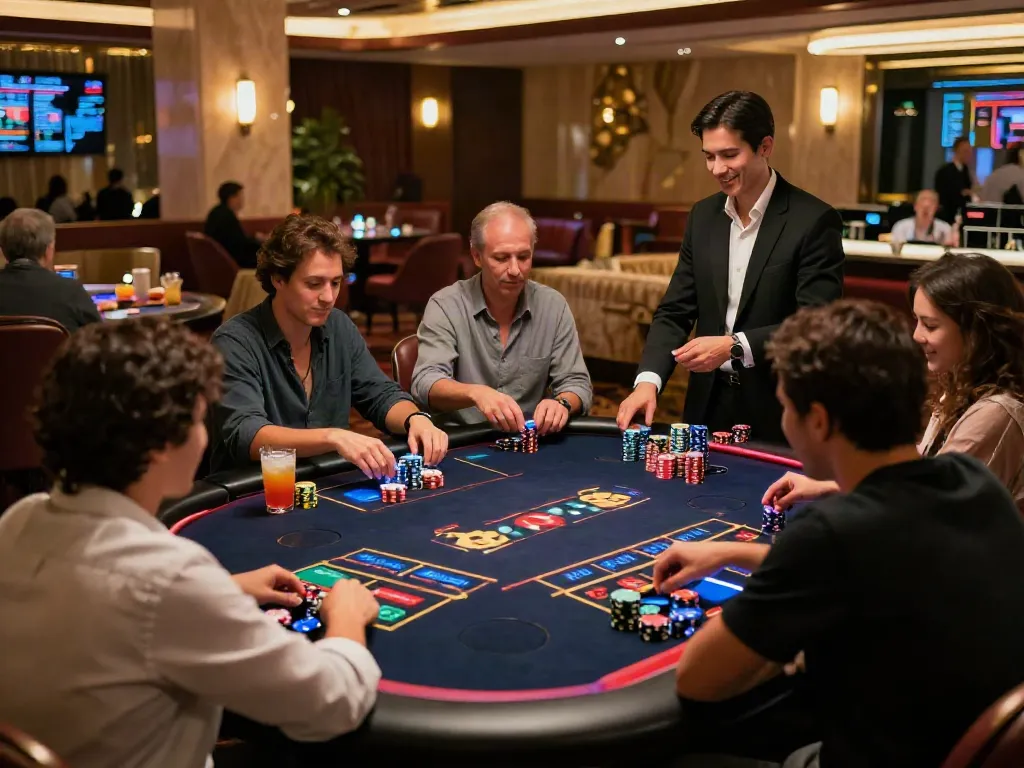Akunjp gaming lounge with players enjoying vibrant gaming tables and engaging atmosphere.