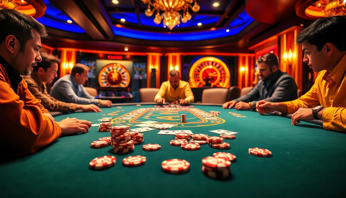 Players strategizing over RR99 poker chips at a luxurious casino table with vibrant ambiance.