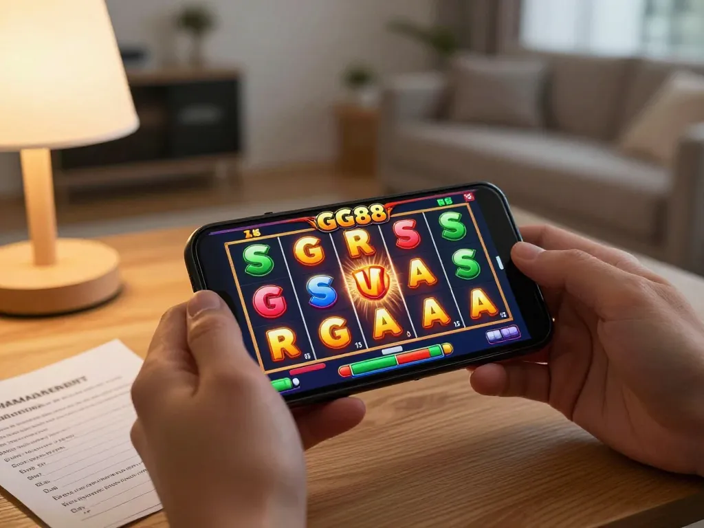 Enjoying GG88 slot game on smartphone, spinning reels with winning symbols visible amidst cozy home setup.