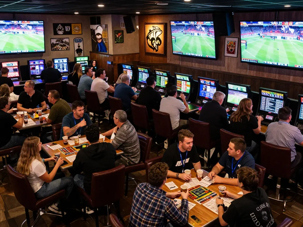 Tỷ lệ kèo nhà cái hôm nay showcased in a lively sportsbook with fans engaging in betting activities