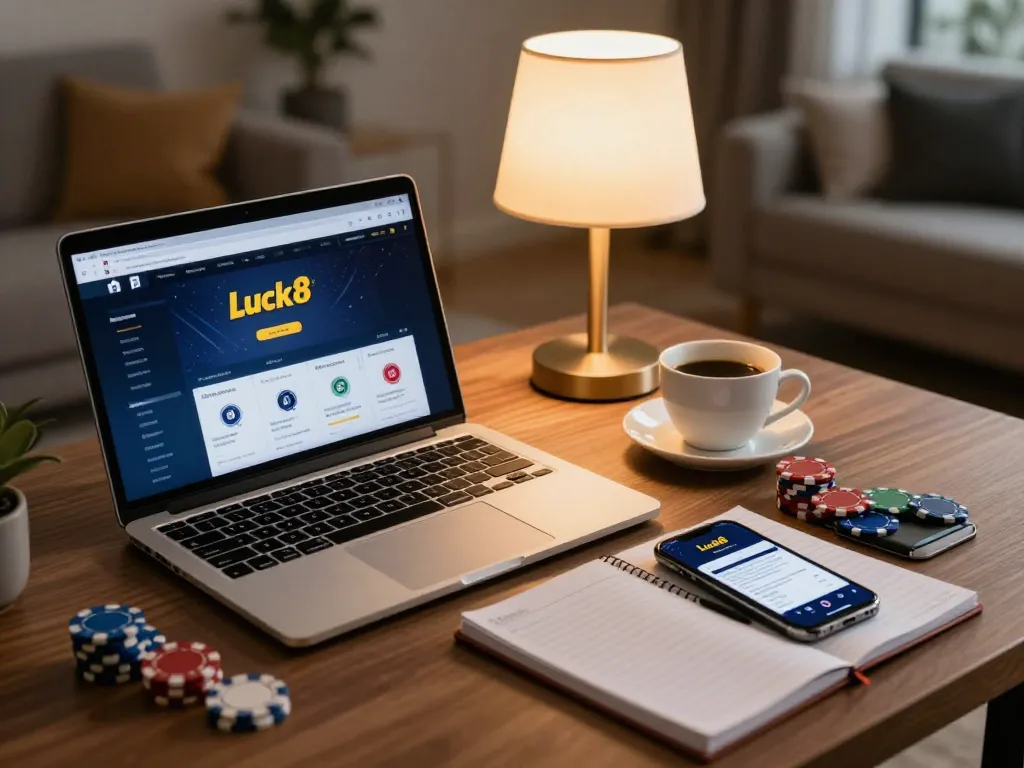 Engaging in online gambling at Luck8, showing a cozy setup with laptop and poker chips.