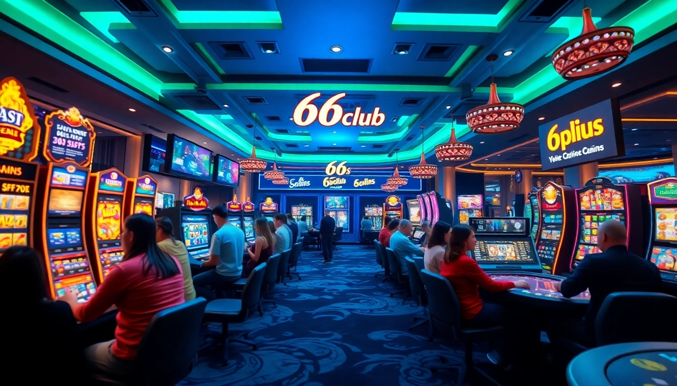 Thrilling gaming atmosphere at 66club online casino with players enjoying slots and table games.